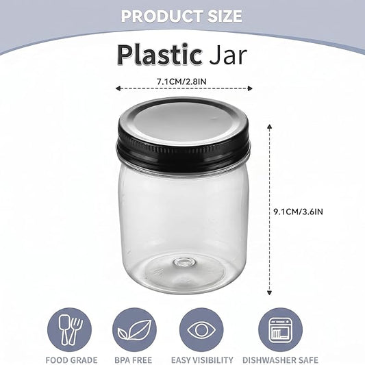 novelinks 8 oz Clear Plastic Jars with Airtight Lids, 24 Pack Plastic Mason Jars with Lids 8oz, Refillable Storage Slime Containers & Small Spice Jar for Kitchen Organization (24 Pack,Black)