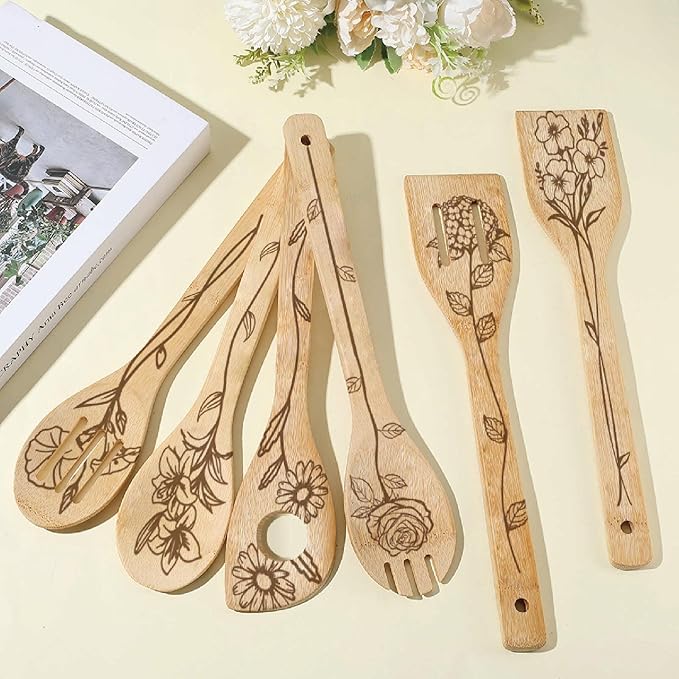 6Pcs 6 Styles Bamboo Cooking Utensils Floral Wooden Spoons 2.4 x 11.8 Inch Durable Kitchen Wood Spoons Set for Men Women Friends Housewarming Birthday Gift Wedding Apartment Essentials