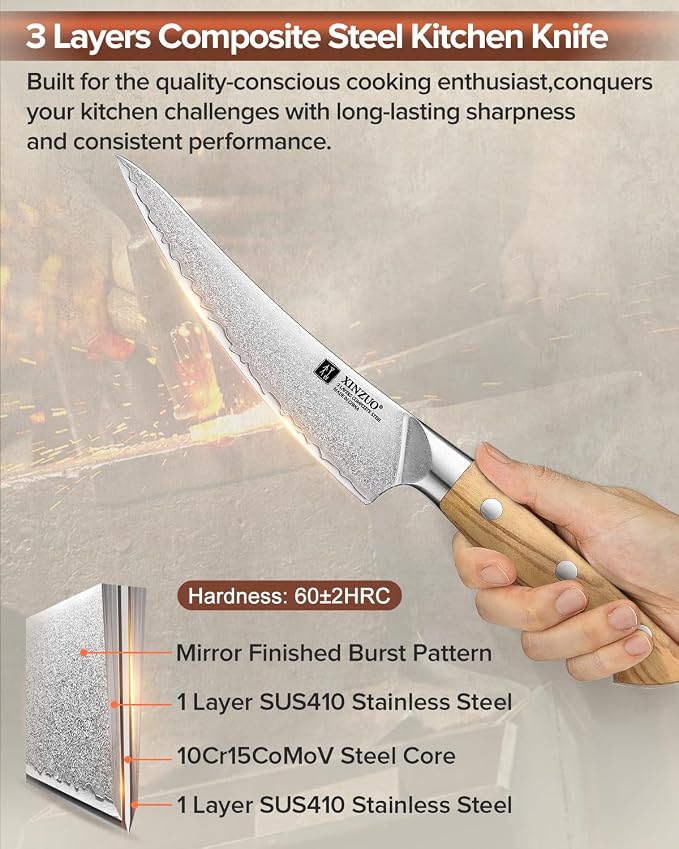 XINZUO Curved Boning Knife 6.3 Inch, 3 Layers Composite Steel,For Meat Cutting, Filleting-Full Tang With Ergonomic Olive Wood Handle