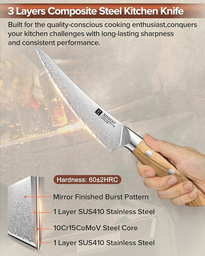 XINZUO Curved Boning Knife 6.3 Inch, 3 Layers Composite Steel,For Meat Cutting, Filleting-Full Tang With Ergonomic Olive Wood Handle
