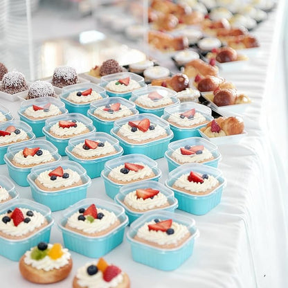 20 Pack 10oz Mini Cake Pans With Lids, Aluminum Foil Square Brownie Baking Cups,Disposable 4”x4” Large Cupcake Pan,Jumbo Muffin Tin Ramekins Holders-Blue