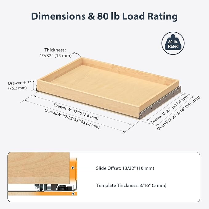 Pull Out Drawers for Kitchen Cabinets 32" W x 21" D Birch Wood | Pull-Out Cabinet Drawer, Slide Out Shelf, Concealed Soft-Close Full-Extension Slides, Bottom & Side Mount, 80 lb Heavy-Duty
