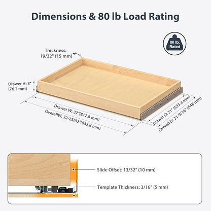 Pull Out Drawers for Kitchen Cabinets 32" W x 21" D Birch Wood | Pull-Out Cabinet Drawer, Slide Out Shelf, Concealed Soft-Close Full-Extension Slides, Bottom & Side Mount, 80 lb Heavy-Duty