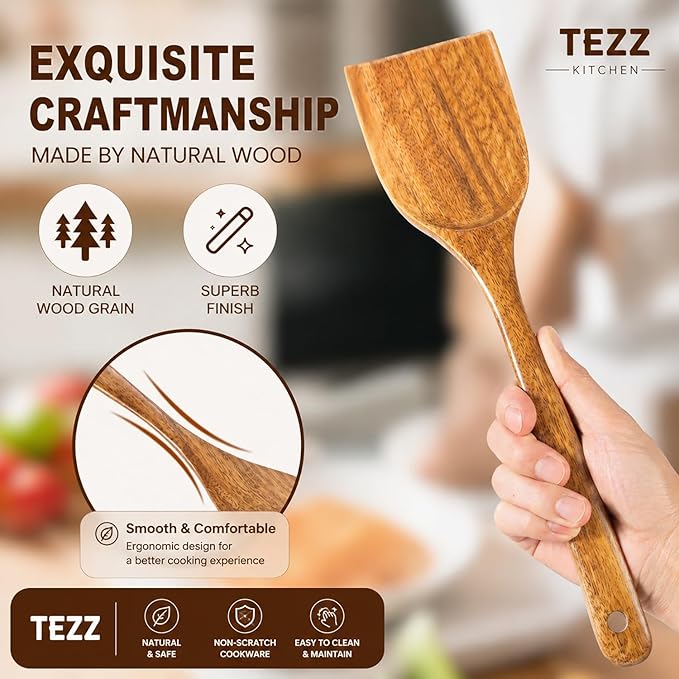 Wooden Spatulas, 2 PCs Natural Acacia Wooden Cooking Utensils Set for Non-stick Pan Kitchen Tool, flipping and Wok Spatula, Wooden Spoons & Spurtle for Cooking