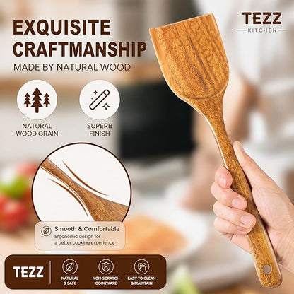Wooden Spatulas, 2 PCs Natural Acacia Wooden Cooking Utensils Set for Non-stick Pan Kitchen Tool, flipping and Wok Spatula, Wooden Spoons & Spurtle for Cooking