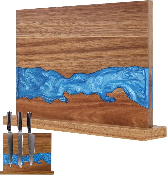 Magnetic Knife Block | Double Sided Magnetic Knife Holder | Acacia Wood Magnetic Knife Rack | Magnetic Knife Storage Stand for Kitchen Counter, Blue Resin River, 12.59×9.84IN (No Knife)