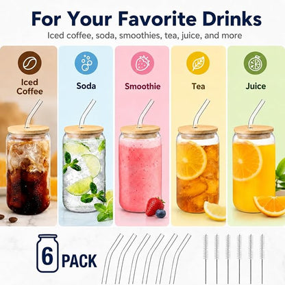 Glass Cups with Lids and Straws Set of 6, 16 oz Can Glasses with Bamboo Lids and Glass Straws, Iced Coffee Cups for Small Kitchens, Soda, Smoothies and Daily Drinks