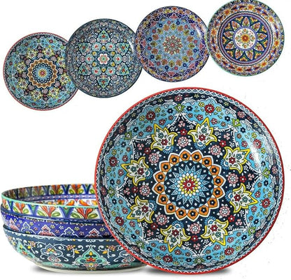 glowworm Pasta Bowls Set of 4, 42 oz Ceramic Salad Bowls for Kitchen, 9.7 Inch Colorful Serving Bowls for Soup, Dinner, Fruit, Dishwasher & Microwave Safe, Bohemian
