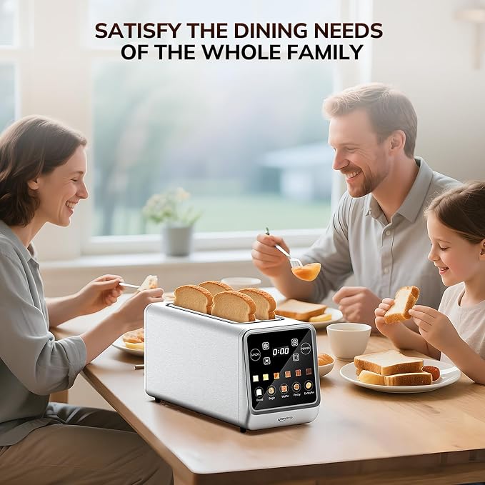 Keenstone 4 Slice Touch Screen Toasters with Wide Slot, 1400W Stainless Steel Smart Toaster for Bagels, Waffles, Muffin - Timer, Defrost, Reheat & Memory Function, Family Breakfast Toaster