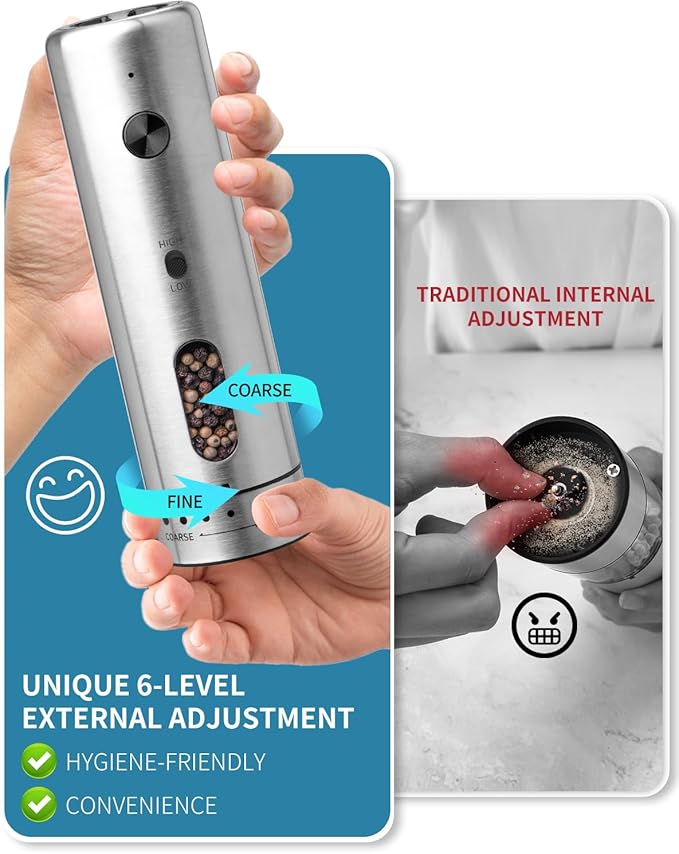 CIRCLE JOY Electric Salt and Pepper Grinder Set with Rechargeable Base Upgraded Stainless Steel Automatic Salt and Pepper Shakers with 2 Grinding Speeds, External Adjustment and 110ml Capacity, Silver