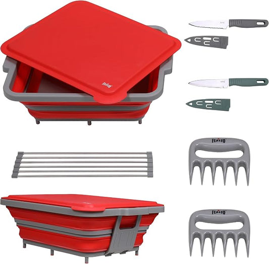 FEASTO Collapsible BBQ Prep Tubs with Cutting Board, 9-IN-1, 2 Tubs Portable Grill Prep Station with Side Brackets, Lids, Knives, Meat Claws and Drain Rack, Space-Saving for Kitchen & Camping, Red