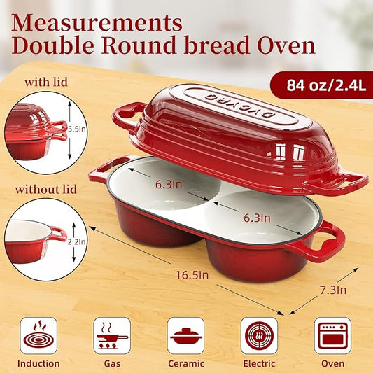 Dutch Oven For Sourdough Bread Baking – Enameled Cast Iron Dutch Oven Pot with Lid, Double Bread Loaf Pan – 500°F Oven Safe Non Stick Bread Pot for Homemade Bread, Meatloaf, Cake–Round Loaf Space, Even Heating– Red