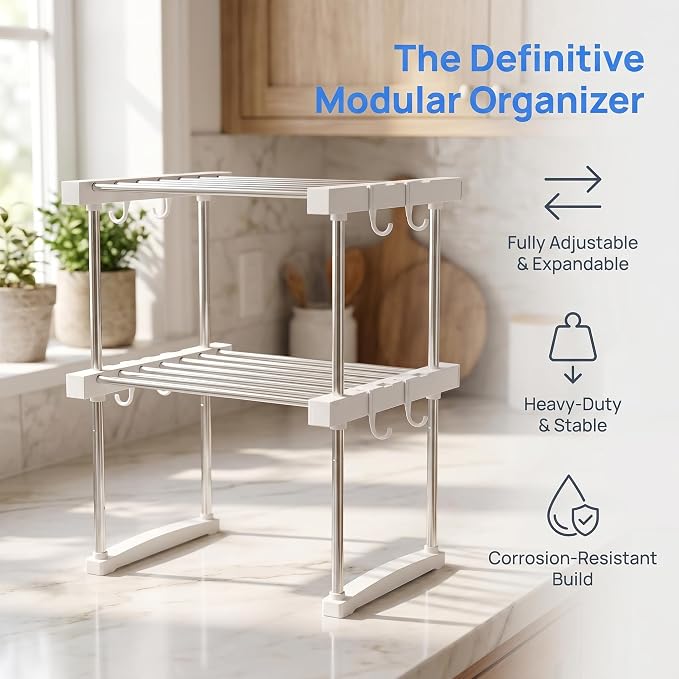 BLULEE Expandable Under Sink Organizer - 3D Adjustable Stackable Storage Shelves,Modular Cabinet Rack Around Pipes for Kitchen Bathroom