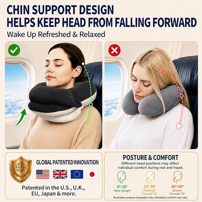 BUYUE Travel Neck Pillows for Airplanes, Memory Foam 360° Head Support Sleep for Long Flight, Skin-Friendly & Breathable, Kit with Eye Mask, Earplugs and Storage Bag (Adult, Black, 90+ lbs)