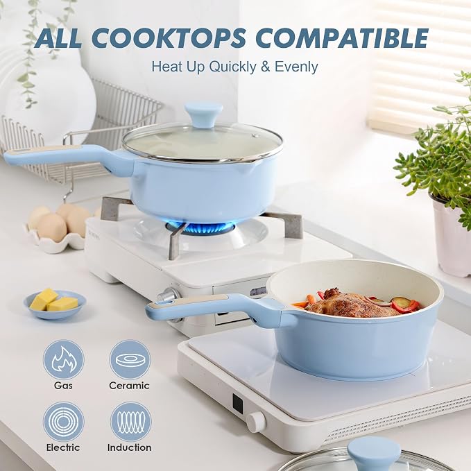 SENSARTE Ceramic Nonstick Saucepan with Lid 1.5 Quarts, Small Kitchen Cooking Pot with Stay Cool Handle, Induction Compatible, Ceramic Coating, Free of Intentionally Added PTFE/PFOA/PFAS, Blue