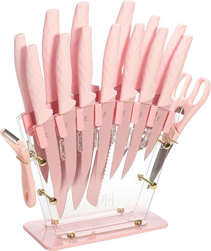 Paris Hilton Knife Block Set with Fan Style Clear Acrylic Knife Block, Premium Stainless Steel Blades with Nonstick Coating, Comfort Grip Handles, 16-Piece Set, Pink and Gold