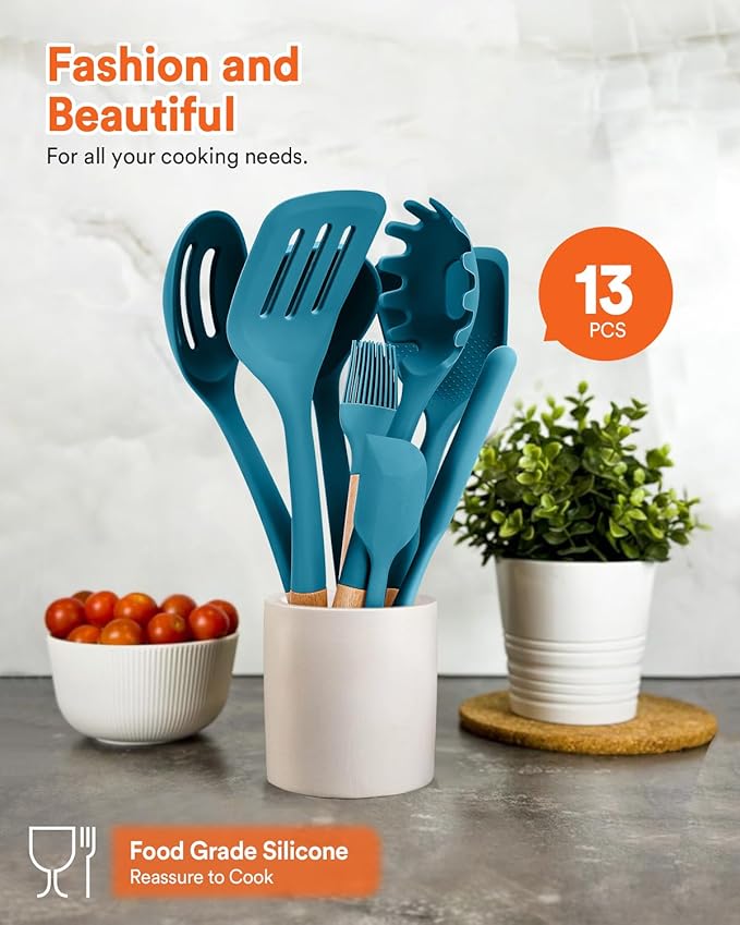 Kitchen Utensils Set, 13PCS Silicone Cooking Utensils, Heat Resistant Kitchen Utensil Spatula Set for Nonstick Cookware, Wooden Handles Kitchen Gadgets Tools Set (BLUE)
