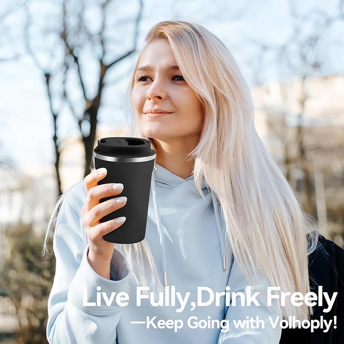 Volhoply 12 oz Double Wall Insulated Vacuum Travel Coffee Mug with Flip Lid Bulk 8 Pack,Reusable Stainless Steel Leak Proof Coffee Cup,Portable Cafe Thermal Tumblers for Hot & Cold Drinks(Black,8 Set)