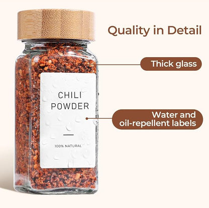 ComSaf 4 oz 6Pcs Glass Spice Jars with Label, Empty Spice Containers with Bamboo Lids, Square Seasoning Containers Trial and Supplement Set, Small Seasoning Bottles for Salt, Herbs, Sugar, Pepper