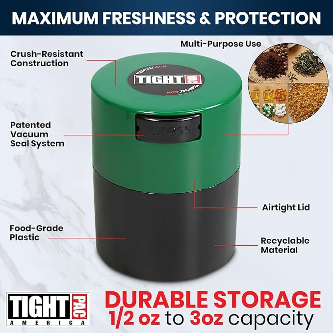 Tightvac - Premium Airtight Herb Storage Container - Holds ½ oz to 3 ounces - Keep Your Herbs and Dry Goods Fresh and Flavorful. Black Green