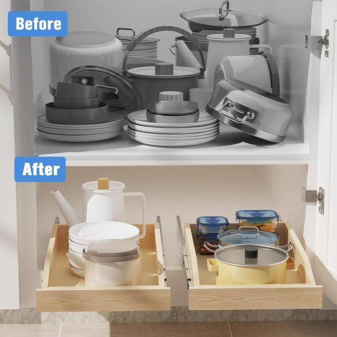 LOVMOR Single Pull Out Organizer 10-1/2”W x 21”D, Soft Close Slide Out Drawer Storage Shelves for Kitchen, Wood Cabinet Shelf Pull-Out Organizer Storage for Base Cabinet