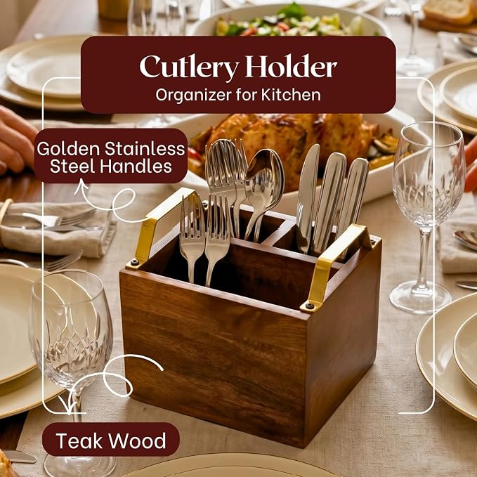 nestroots Silverware, Napkins & Spoon Holder, Teak Wood Utensil Caddy with Stainless Steel Handle, Organizer Countertop, Cutlery Holder for Party, Fork, Knife Organizer