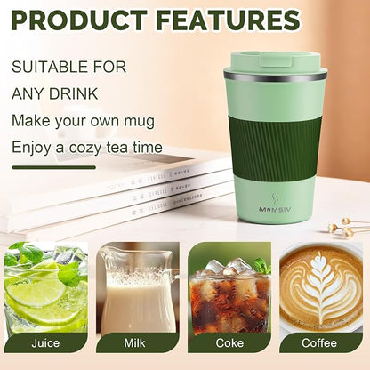 MOMSIV 12oz Travel Mug, Insulated Coffee Cup with Leakproof Lid, Vacuum Stainless Steel Double Walled Reusable Tumbler for Hot and Cold Water Coffee and Tea In Travel and Car (Green-380ml)
