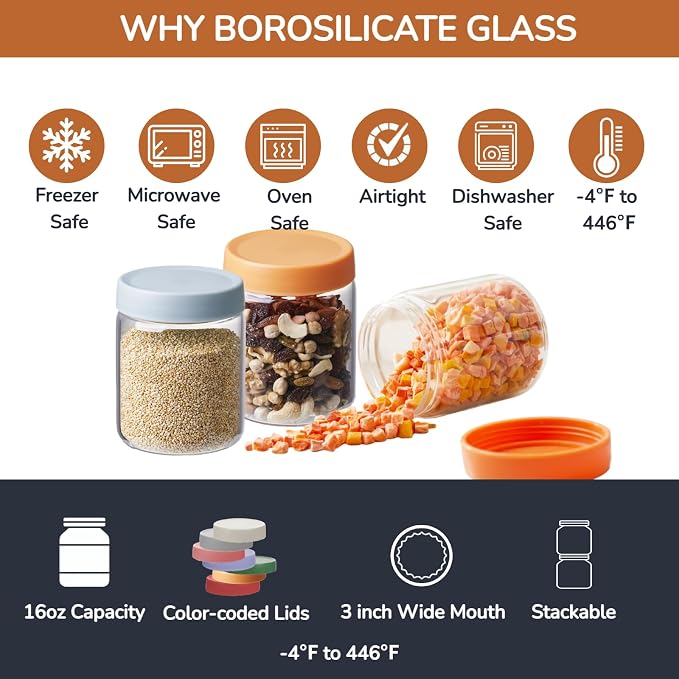 6 Pack 16oz Borosilicate Glass Meal Prep Jars with Airtight Lids - Leak & Spill Proof, Wide Mouth, BPA-Free - Freezer to Oven Safe for Soup, Bone Broth, Overnight Oats