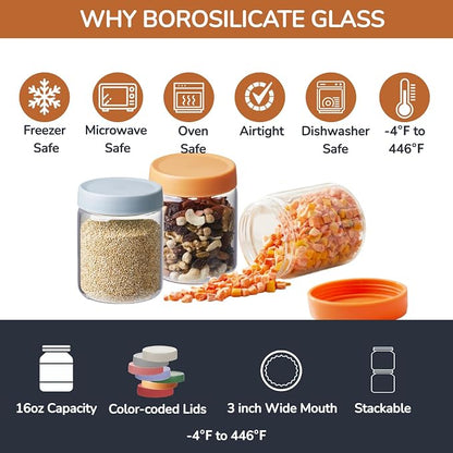 6 Pack 16oz Borosilicate Glass Meal Prep Jars with Airtight Lids - Leak & Spill Proof, Wide Mouth, BPA-Free - Freezer to Oven Safe for Soup, Bone Broth, Overnight Oats