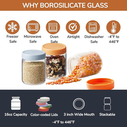 6 Pack 16oz Borosilicate Glass Meal Prep Jars with Airtight Lids - Leak & Spill Proof, Wide Mouth, BPA-Free - Freezer to Oven Safe for Soup, Bone Broth, Overnight Oats