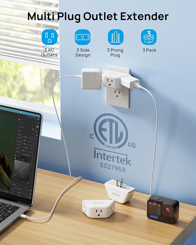 TROND Outlet Extender 3 Pack - Multi Plug Wall Outlet, 3-Prong Grounded Wall Splitter, 3 Way Angled Plug Adapter, Cruise Ship Essentials, ETL Listed, Multiple Expander for Bathroom Kitchen, White