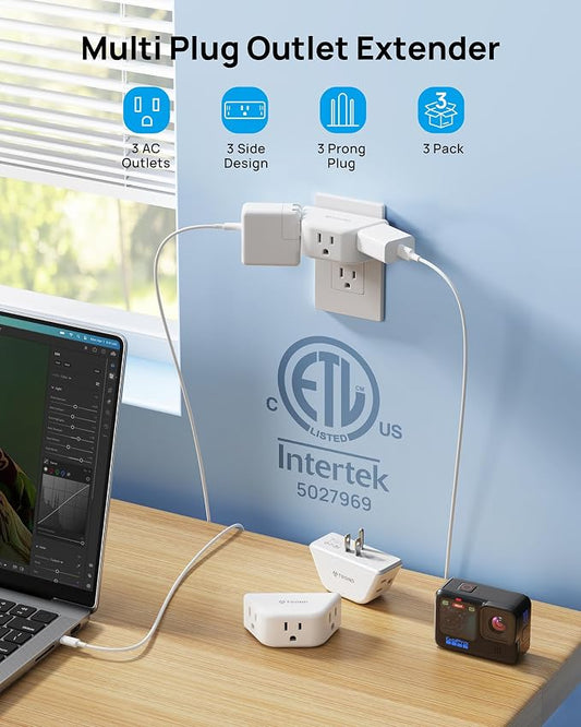 TROND Outlet Extender 3 Pack - Multi Plug Wall Outlet, 3-Prong Grounded Wall Splitter, 3 Way Angled Plug Adapter, Cruise Ship Essentials, ETL Listed, Multiple Expander for Bathroom Kitchen, White
