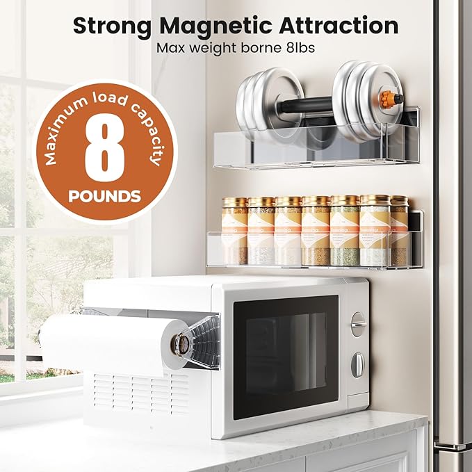 Mystozer Magnetic Spice Rack for Refrigerator,4 Pack Magnetic Shelf,Fridge Magnet Organizer with Paper Towel Holder and Utensils Racks,Fridge Organizers and Storage Clear(4 Pack)