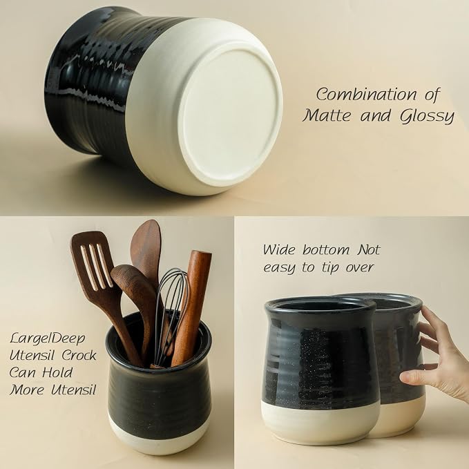 HASENSE Ceramic Utensil Holder for Countertop, 7.1" Large Kitchen Utensil Caddy for Kitchen Organizer, Glossy Black Cooking Utensil Holder to Hold Spatulas, Utensil Crock for Farmhouse Decor