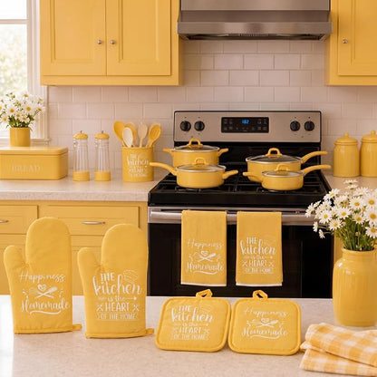 Sratte 6 Pcs Kitchen Decor Accessories Set Farmhouse Towels Pot Holders Oven Mitts Set 2 Dish Towels 2 Potholders 2 Cooking Mittens Oven Glove for Christmas Baking Cooking Supply(Yellow,Kitchen)