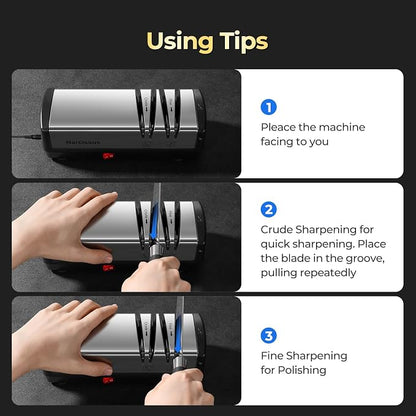 Narcissus Knife Sharpener, Diamond Abrasives Electric Knife Sharpener for Stainless Steel and Ceramic Knives, with Scissors Sharpener & Metal Dust Collection Box, Quick Sharpening & Polishing, Silver