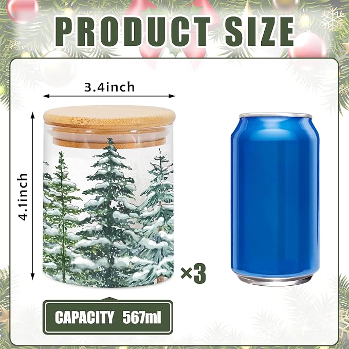 JarThenaAMCS 3Pcs Christmas Forest Glass Storage Jars with Airtight Lid Watercolor Xmas Tree Decorative Canisters Sets for Winter Home Kitchen Countertop