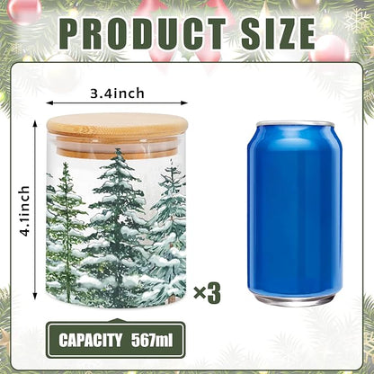 JarThenaAMCS 3Pcs Christmas Forest Glass Storage Jars with Airtight Lid Watercolor Xmas Tree Decorative Canisters Sets for Winter Home Kitchen Countertop