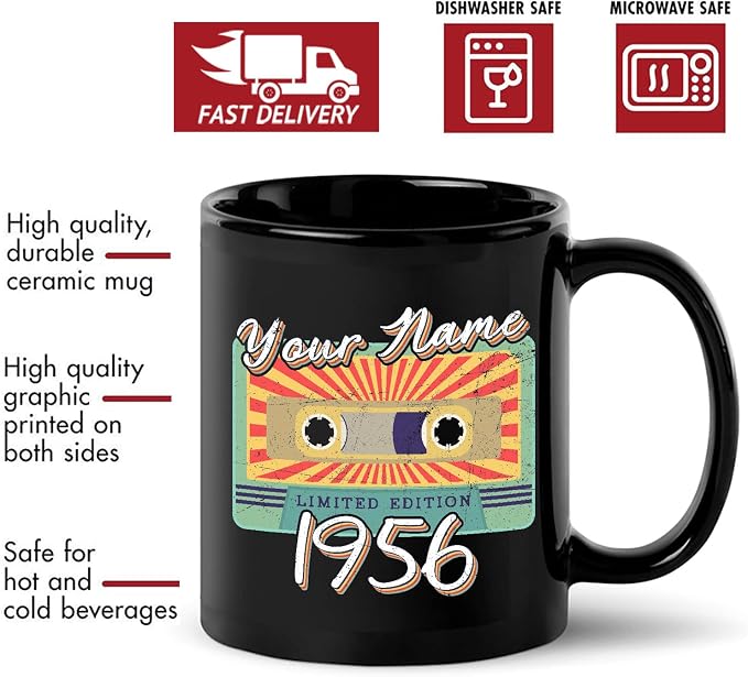 Personalized Vintage Cassette Tape Vintage 1956 Mug, Custom Your Name, 1956 Retro Coffee Mug, 66th Birthday Present Gifts, 1956 Birthday Gift For Friends Family, Customizable Black Tea Cups