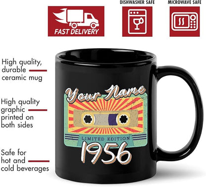 Personalized Vintage Cassette Tape Vintage 1956 Mug, Custom Your Name, 1956 Retro Coffee Mug, 66th Birthday Present Gifts, 1956 Birthday Gift For Friends Family, Customizable Black Tea Cups