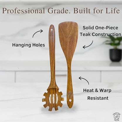Teak Wooden Utensil Set (9-Piece) – Teak Cooking Utensils for Nonstick Cookware, Teak Wooden Spoons for Cooking & Spatula - Natural Wood Kitchen Utensils by Crafted Path