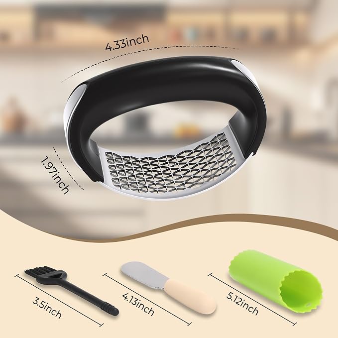 Garlic Press Rocker, Stainless Steel Garlic Mincer with Triangular Holes Effortless Squeeze for Weak Hands, Easy to Clean, Medium Garlic Crusher for Home Kitchen