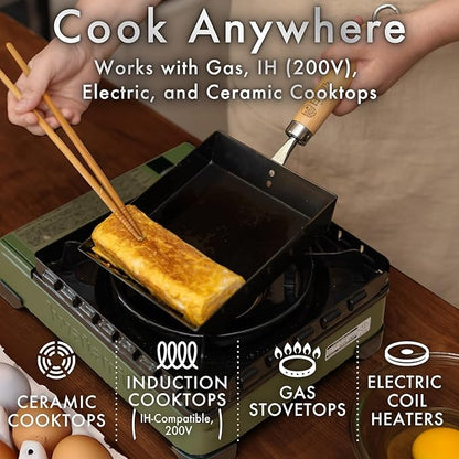 HIBINO Tamagoyaki Carbon Steel Pan | Made in Japan | Nonstick, Even-Heating, 30% Lighter Design | Japanese Egg Pan with Detachable Wooden Handle | for Bento, Breakfast & Everyday Cooking