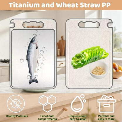 Tibo Cutting Board, 14.3"×9.8" Tibo Titanium Cutting Board with Built-In Knife Sharpener, Double Sided Chopping Board with Grinding Tank, Easy to Clean (1side titanium other side wheat straw)