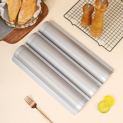 Baguette Pans for Baking 15" x 11", Carbon Steel 3 Loaf Nonstick Baguette Baking Tray for French & Italian Perforated French Bread Pan (2pack - Silver)