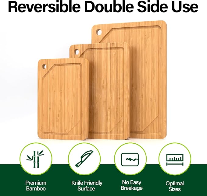 Bamboo Cutting Board Set of 3, Cutting Boards For Kitchen with Juice Groove, Bamboo Chopping Board Set, Serving Board Set for Meat, Vegetable and Cheese