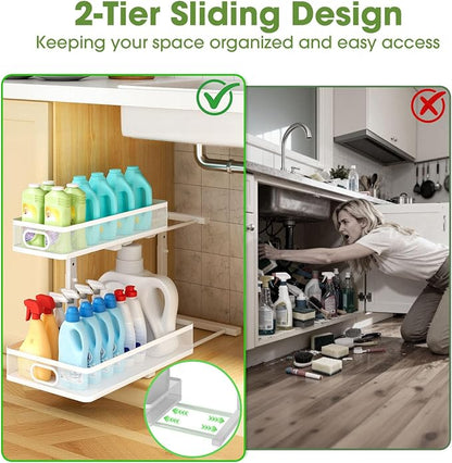 Under Sink Organizer 4-Pack, Metal 2-Tier Pull-Out Cabinet Shelf with Slide-Out Mesh Drawers, Height Adjustable, Space-Saving Storage Racks for Kitchen, Bathroom, Laundry Room, White