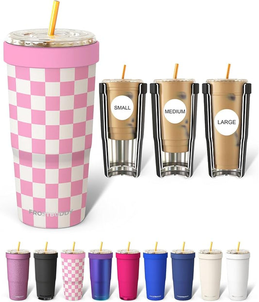 Frost Buddy Togo Buddy 30 oz Stainless Steel Vacuum Insulated Tumbler To Go Coffee Cup - Iced Coffee Cups, Iced Coffee Sleeve, Travel Mug, Thermal Cup for Hot & Cold Drinks Dunkin Cup (Pink Checkered)