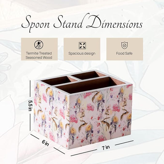 nestroots Silverware, Napkins & Spoon Holder, Acacia Wooden Utensil Caddy, Organizer Countertop, Cutlery Holder for Party, Fork, Knife Organizer (Pink)