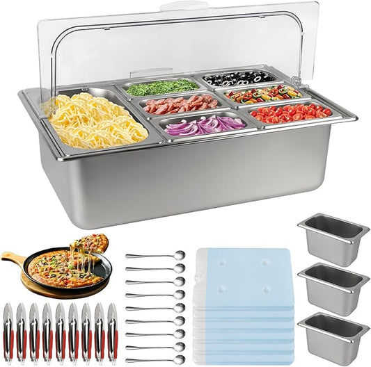Pizza Topping Station Stainless Steel Spice Organizer Salad Bar Buffet Station with Spoons Ice Boxes Buffet Containers Set for Sauce Jam Ingredient Kitchen Restaurant Pantry